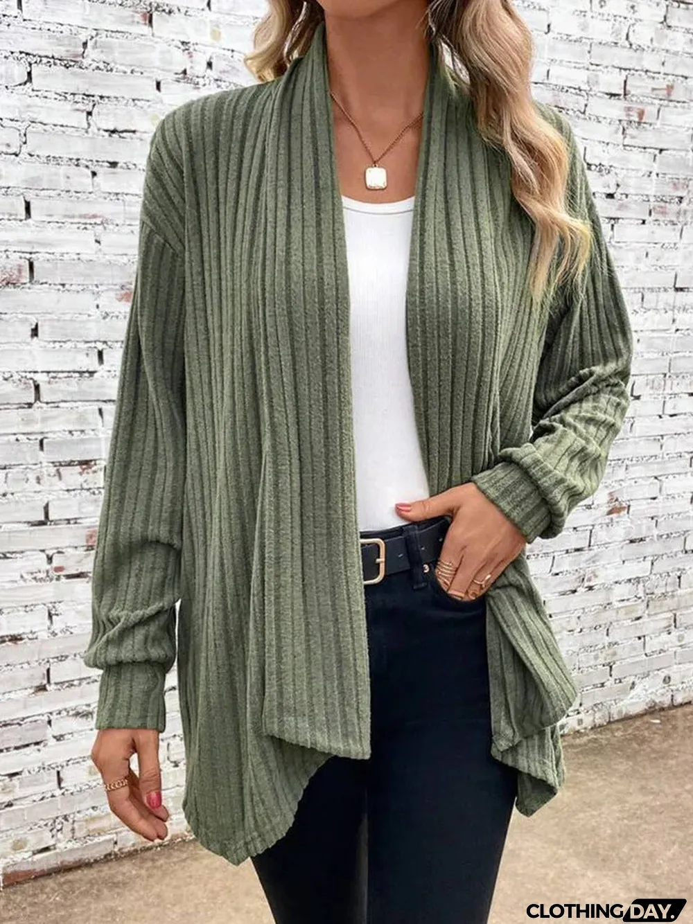 Irregular neckline ribbed knitted cardigan