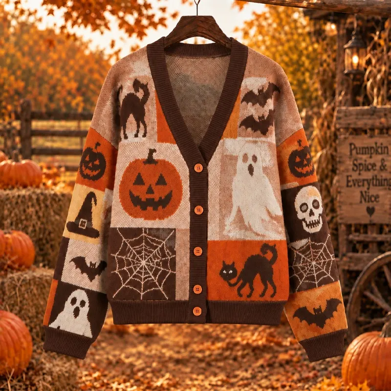 Comstylish Women's Halloween-themed Patchwork Sweater Cardigan With Pumpkins And Ghosts
