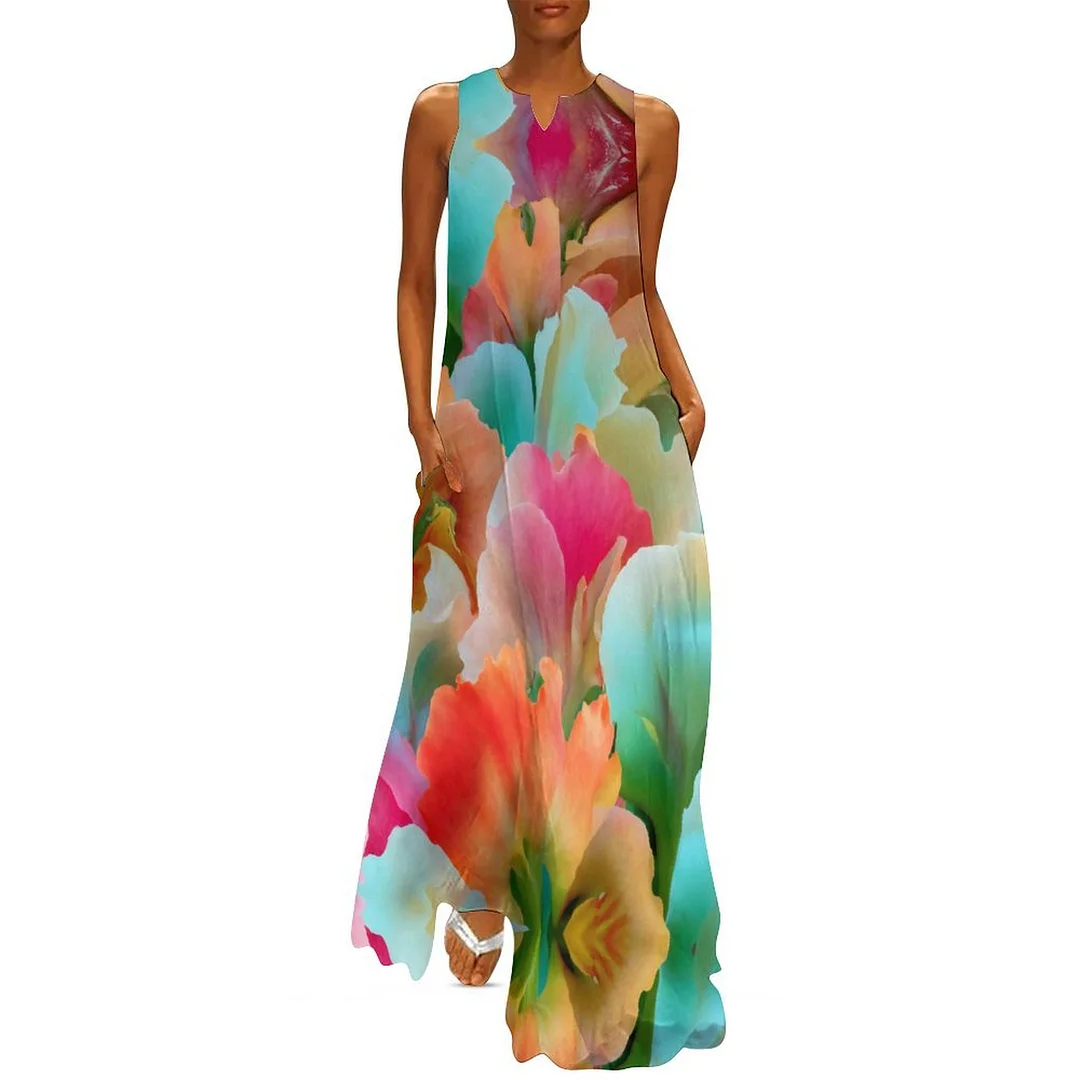 Style & Comfort for Mature Women Plus Size Printed Sleeveless Casual Women Maxi Dress with Pockets in Pattern Petals, Floral, Blue, Watercolor