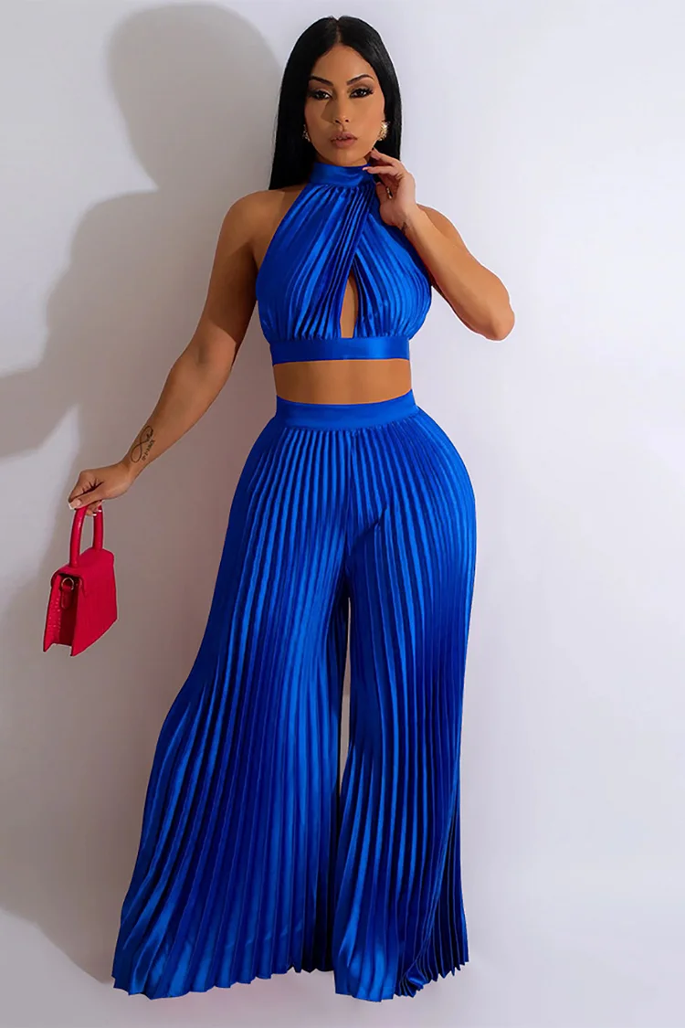 Halter Backless Crop Top Wide Leg Pleated Pants Two Pieces Set