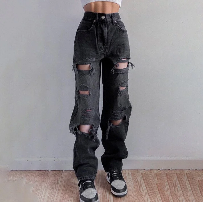 Sonicelife Brown Ripped Jeans for Women Distressed Vintage Streetwear Jeans Woman Hole Hip Hop High Waist Pants Fashion Straight Trousers
