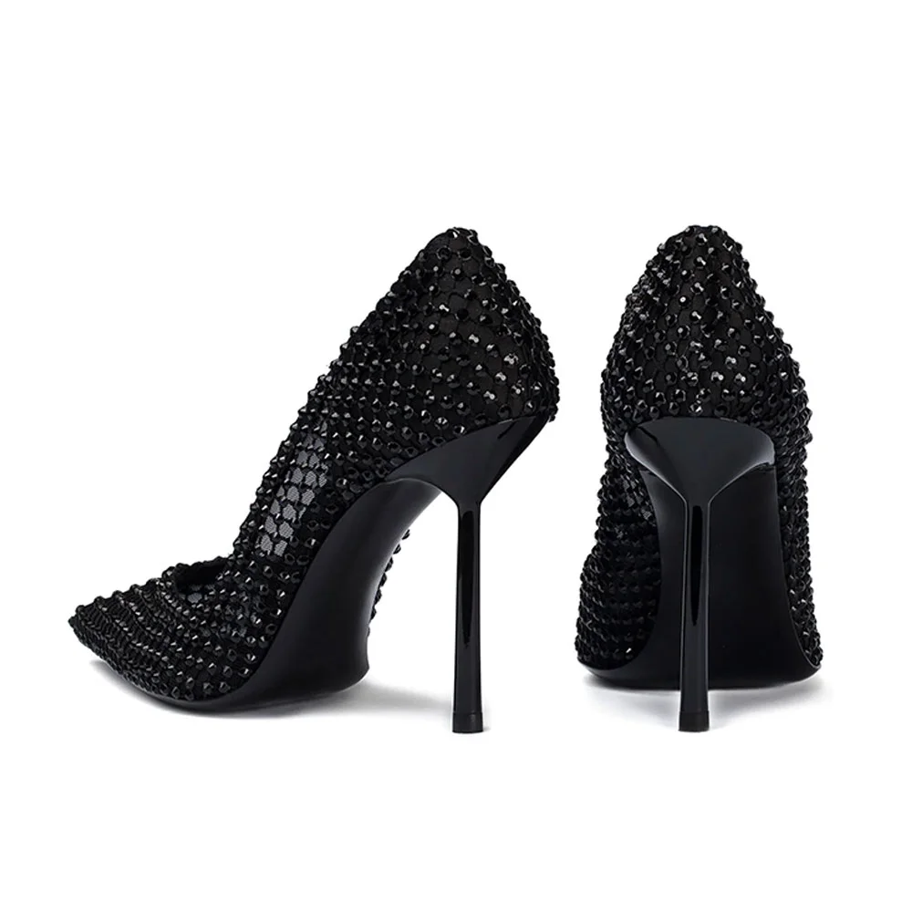 Rhinestone Studded Pointed Toe Stiletto Heel Black Pumps for Women