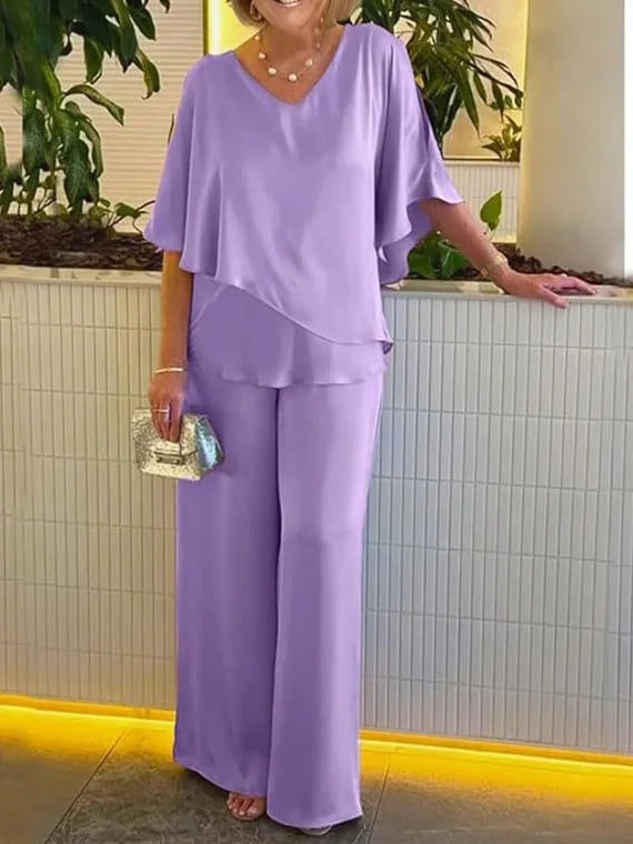 Women Half Sleeve V-neck Solid Color Dress