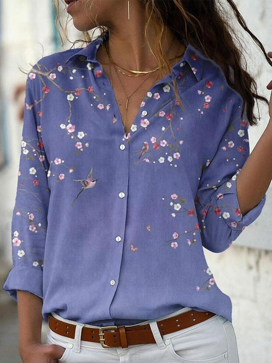 Women Long Sleeve V-neck Graphic Floral Printed Top