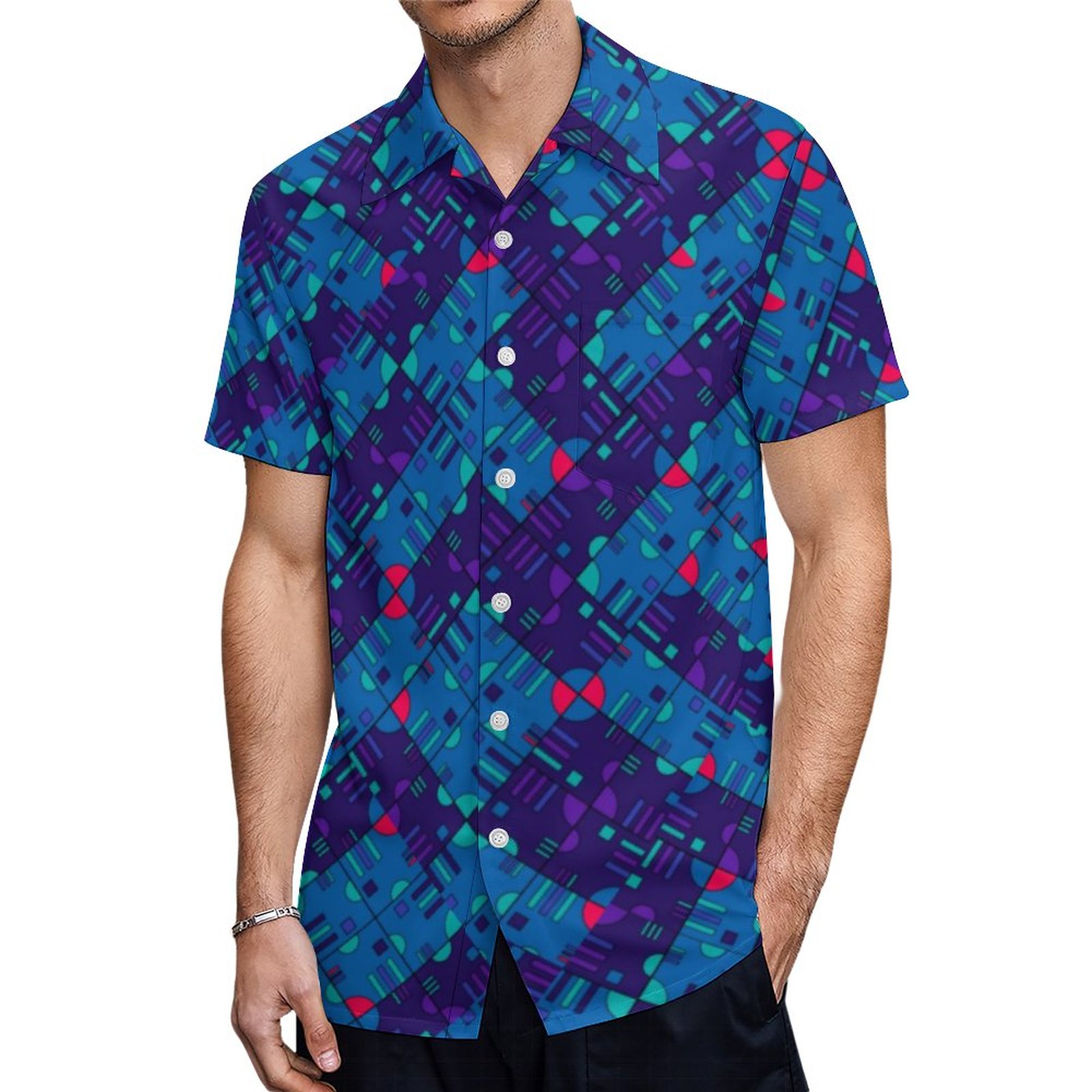 Geometric Pattern In Blues Purples Hawaiian Shirt Mens Button Down Plus Size Tropical Hawaii Beach Shirts