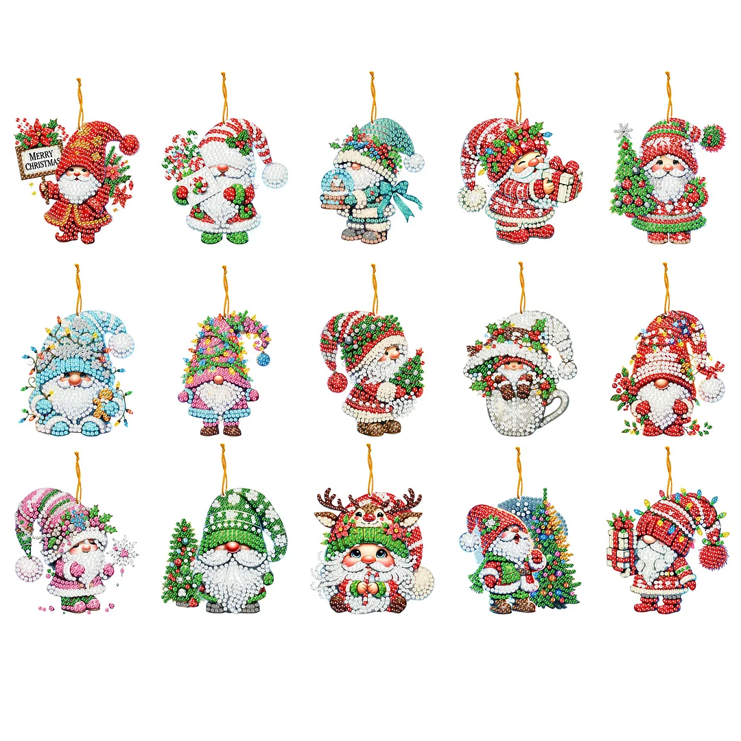 15pcs Xmas Gnome Theme 2D Flat DIY Hanging Diamond Art Kits Home Wall Decor
