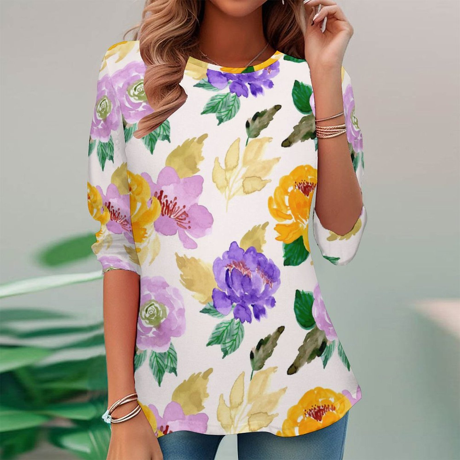 Women Long Sleeve V-neck Graphic Floral Printed Top
