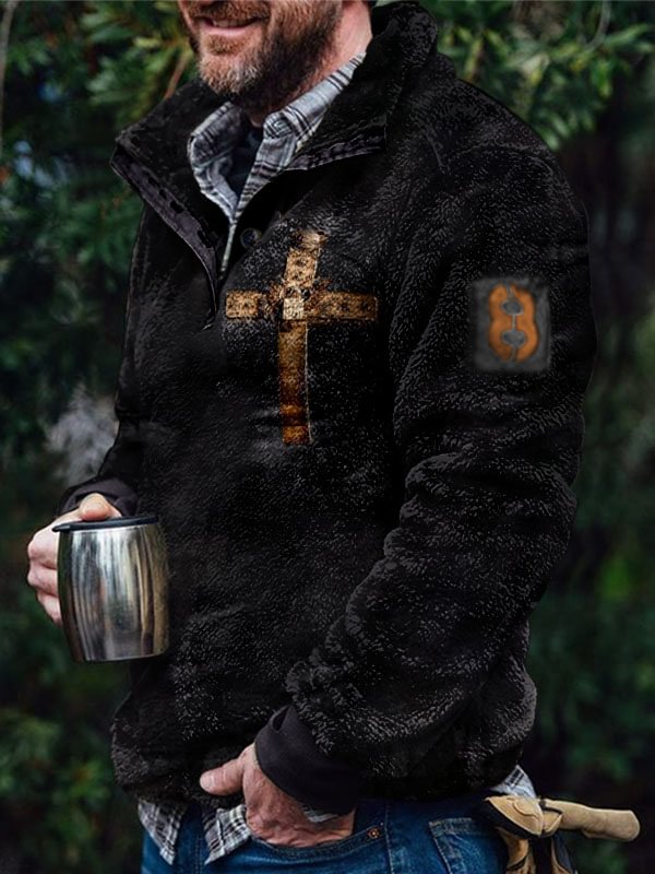 Men's Cross Printed Stand Collar Button Training Suit Sweater