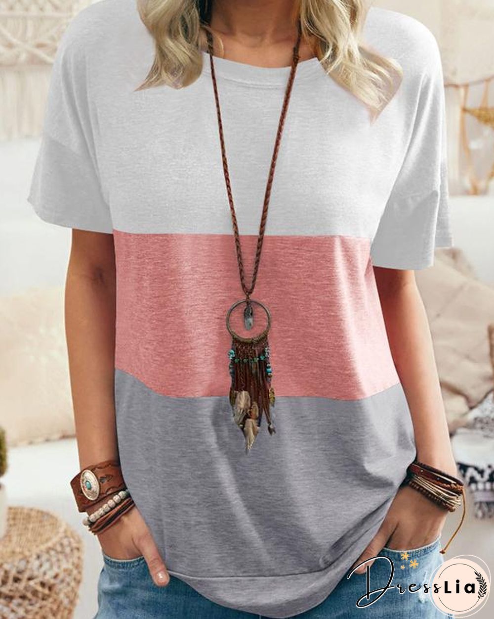Women Summer Color Stitching Casual T-shirt
