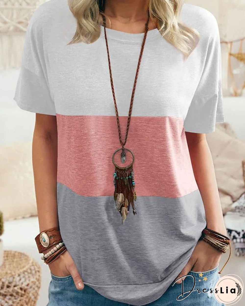 Women Summer Color Stitching Casual T-shirt
