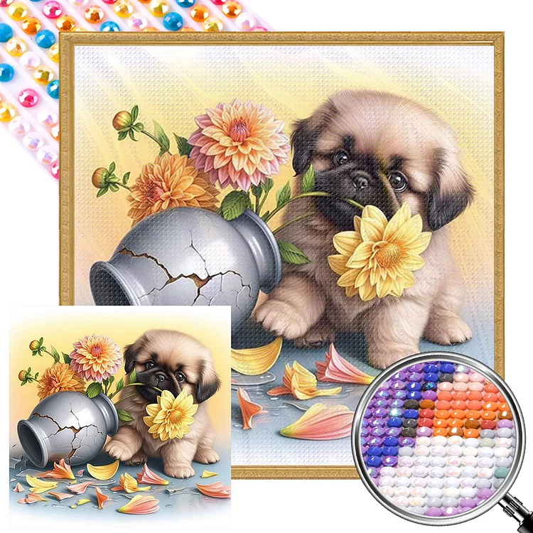 Partial AB Drill -Full Round Drill Diamond Painting -Flowers And Puppies - 40*40cm