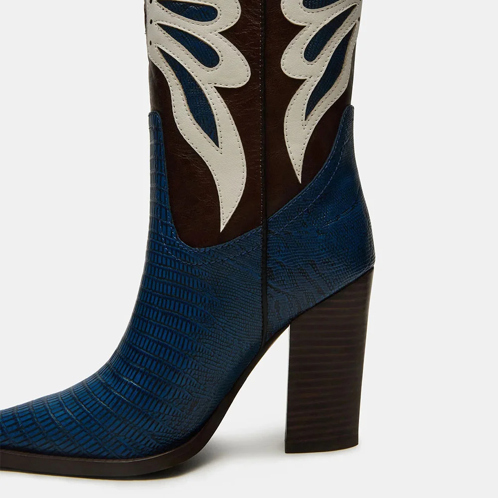 Blue Chunky Heel Butterfly Inlay Pointed Toe Western Boots for Women