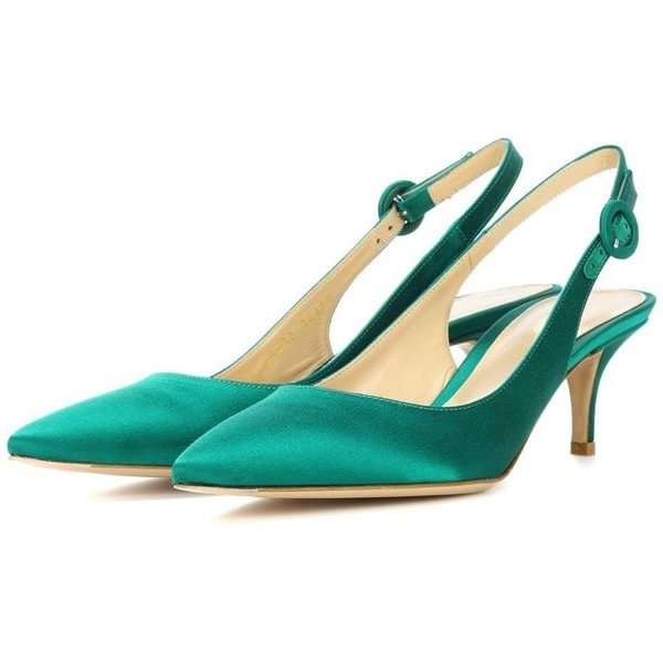 Women's Green Pointed Toe Slingback Kitten Heels Pumps |FSJ Shoes