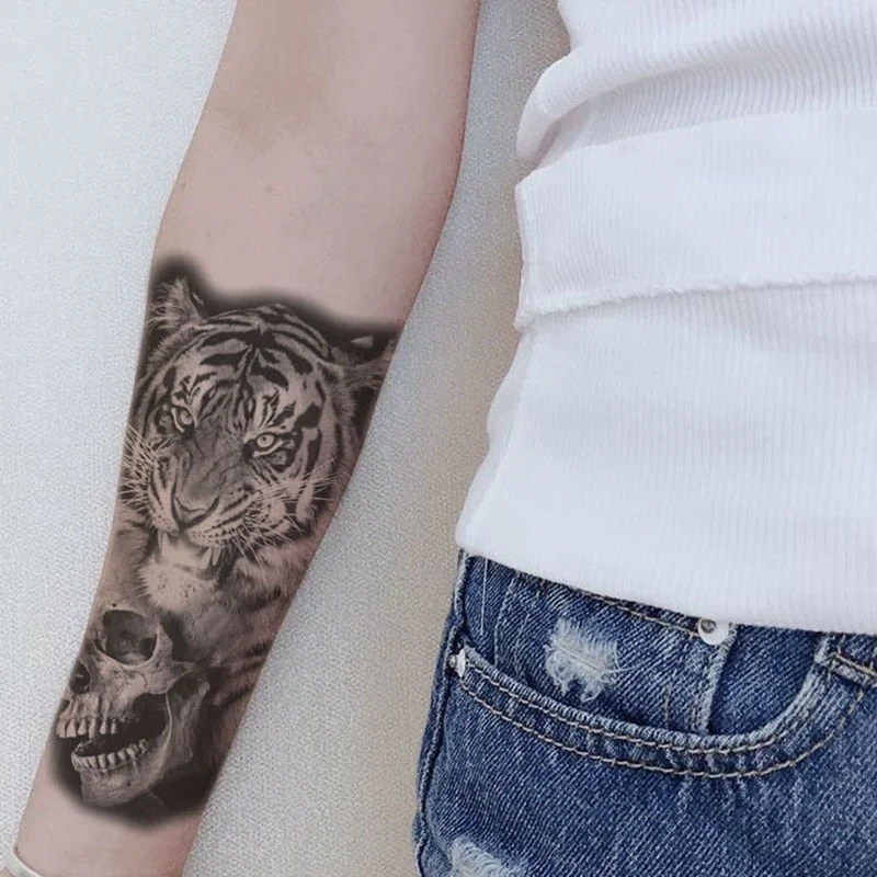 12sheets Lion Tiger Waterproof Tattoo Stickers Men Women Half Arm Calf Water Transfer Fake Tattoo Animal Pattem Temporary Tattoo