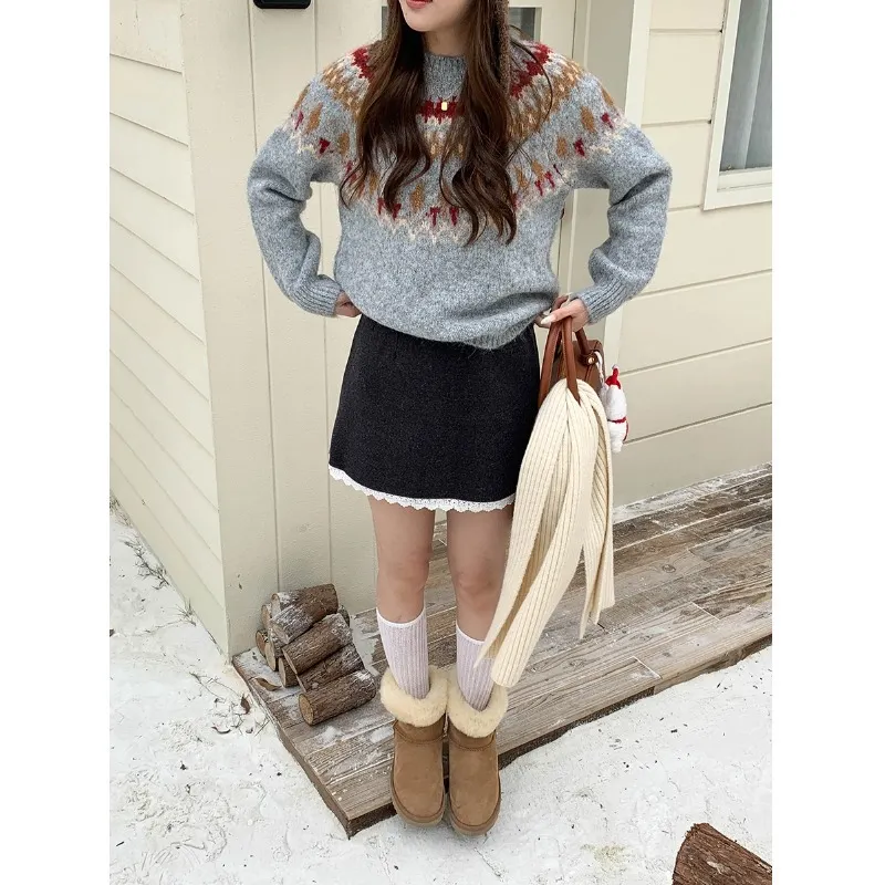 Nigikala Nigikala Morning Heart Symbol Korean Lace Spliced High-Waist A-Word Hairs And Short Skirt ZY3663