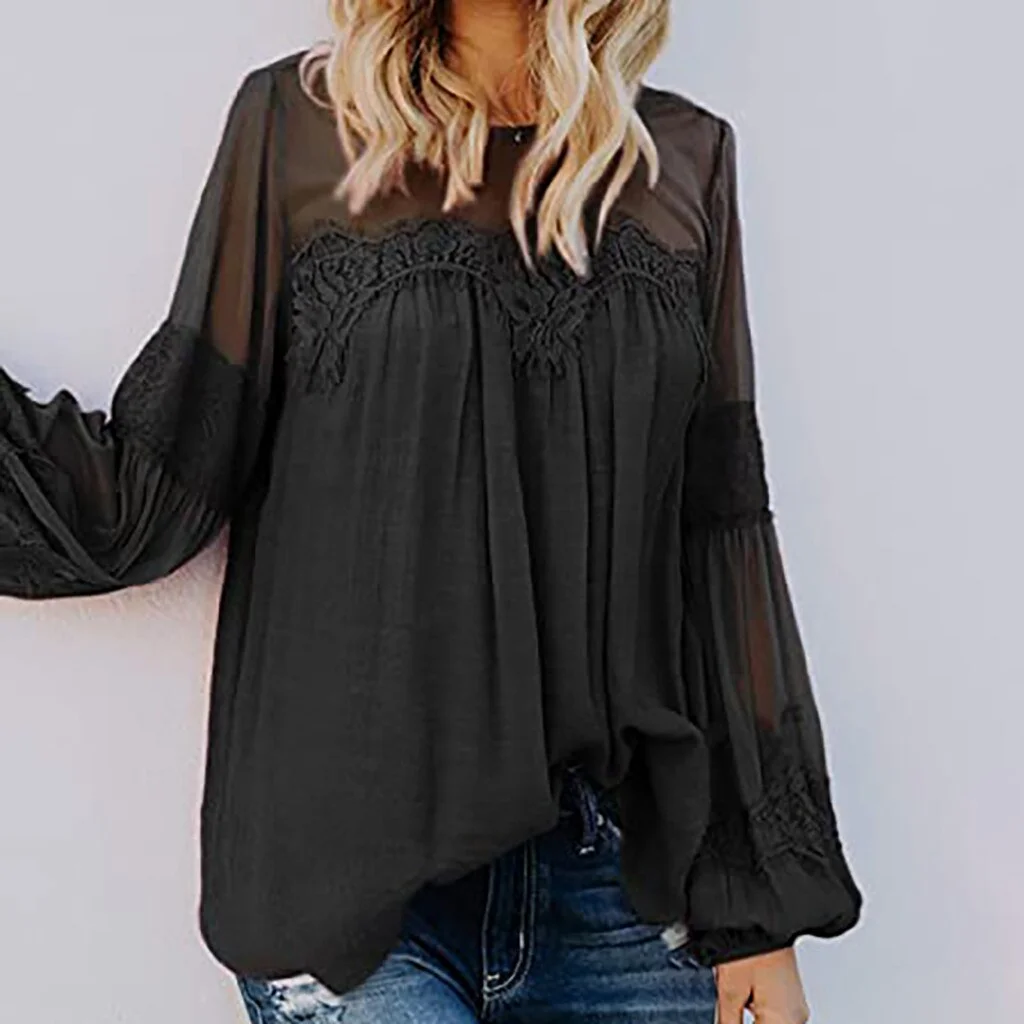 Fashion Perspective Lace Blouse Shirt Sexy Loose Tops Casual Autumn Winter Tops Ladies Female Women Long Sleeve Blusas Pullover