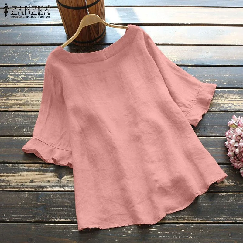 Women Summer Solid Flare Short Sleeve Blouse ZANZEA Cotton Drawstring Tops Casual Elegant O Neck Shirts Tunic Blusas