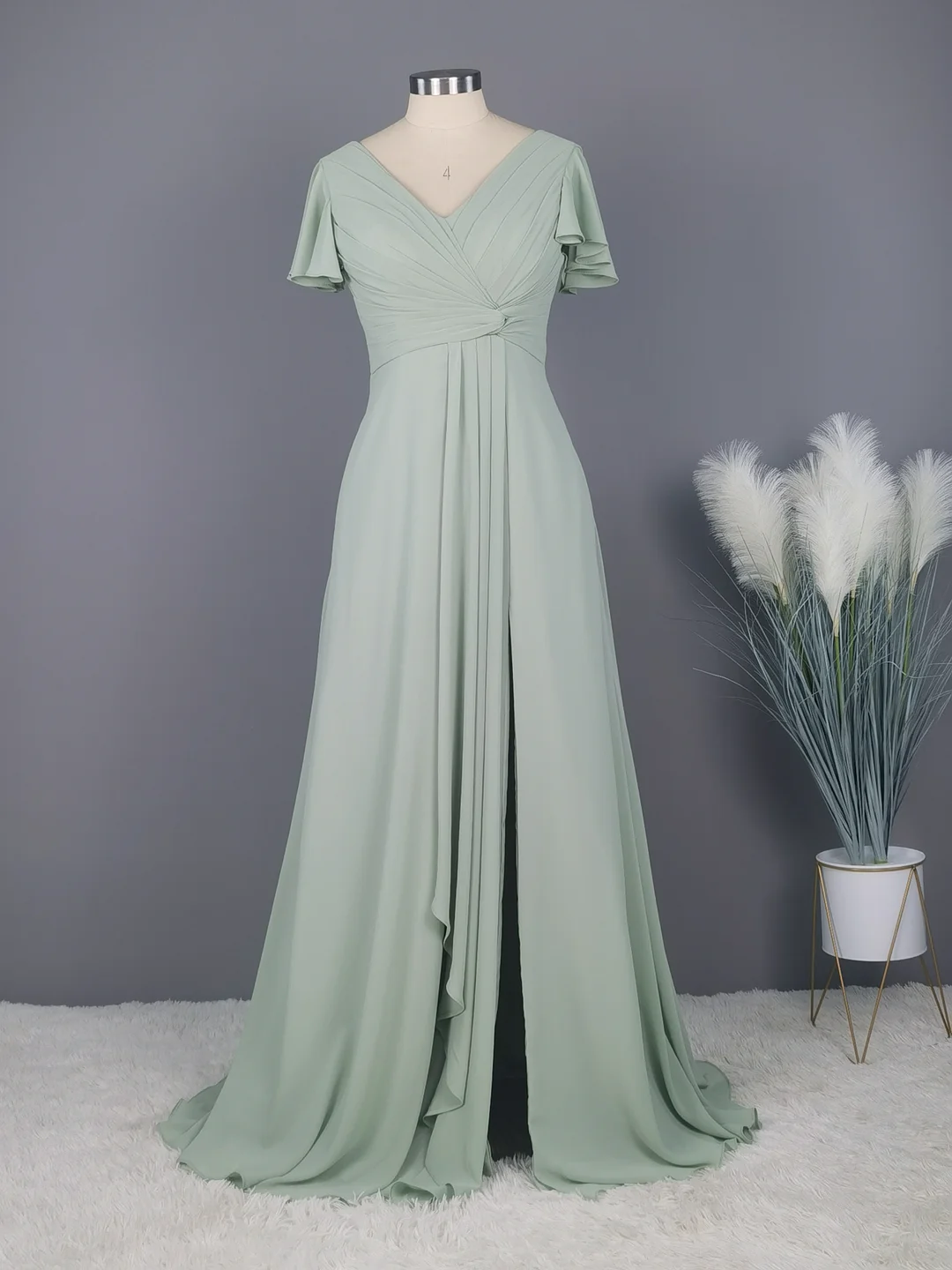 Daisda Sage Green Chiffon V-neck Simple Bridesmaid Dresses With Pockets