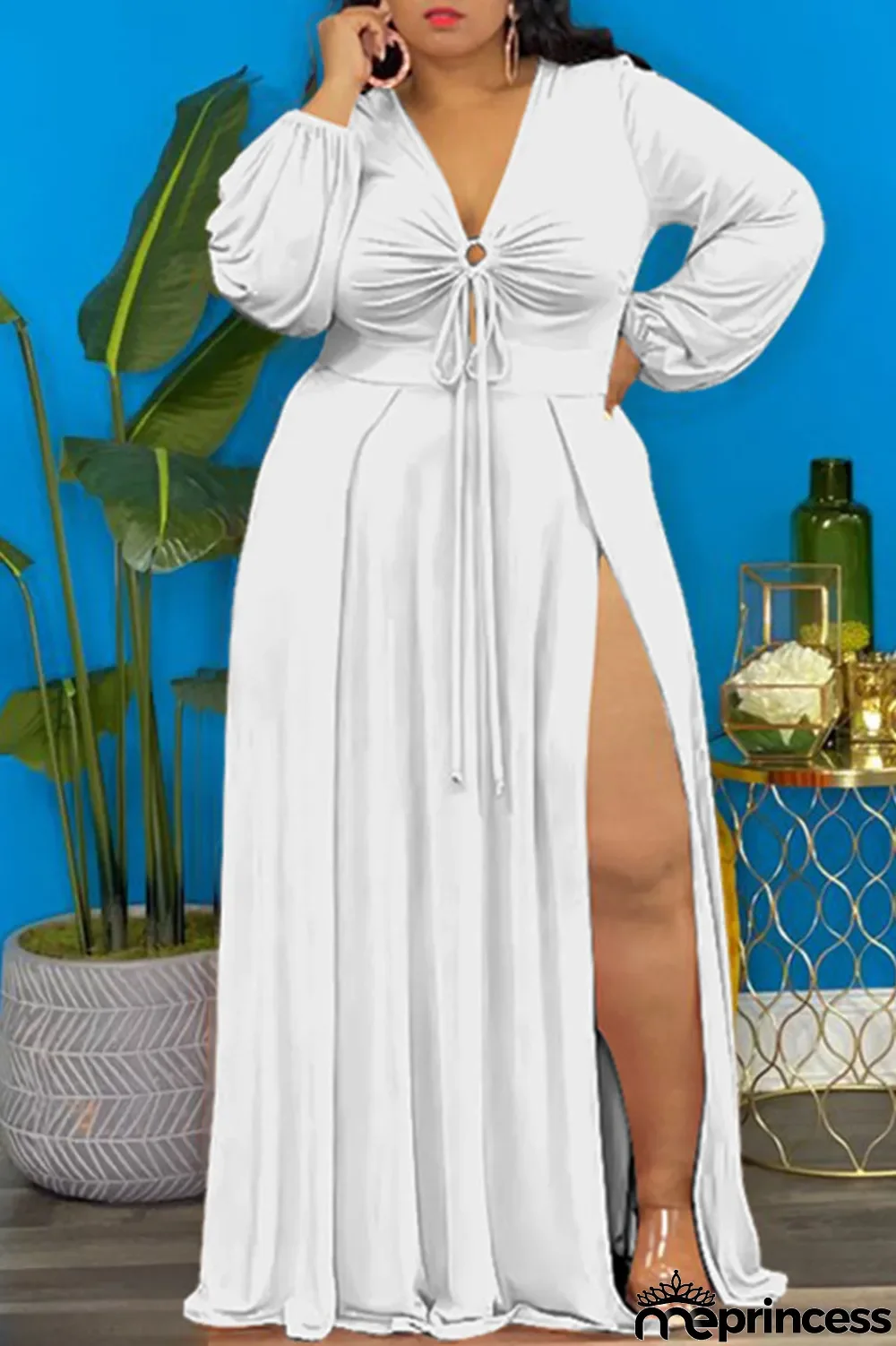 Deep Blue Elegant Solid Split Joint Frenulum High Opening V Neck Long Sleeve Plus Size Dresses