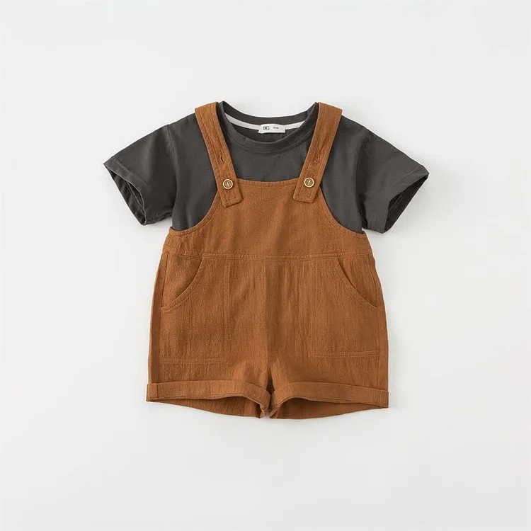 Toddler Boy Tee and Linen Suspender Shorts Set