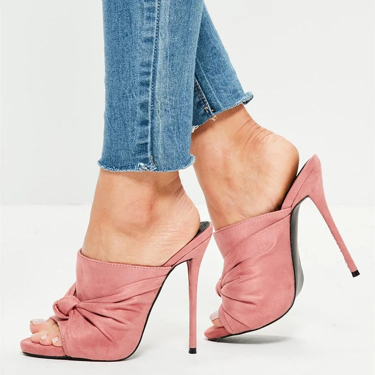 Pink Vegan Suede Peep Toe Knotted Stiletto Heels Mules Sandals |FSJ Shoes