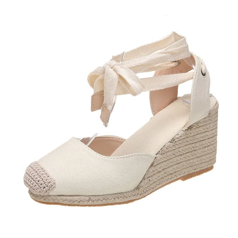 Women's Wedges Espadrilles Sandals Summer 2022 Ankle Strap Gladiator Sandals Woman Casual Hemp Bottom Canvas Pumps Shoes
