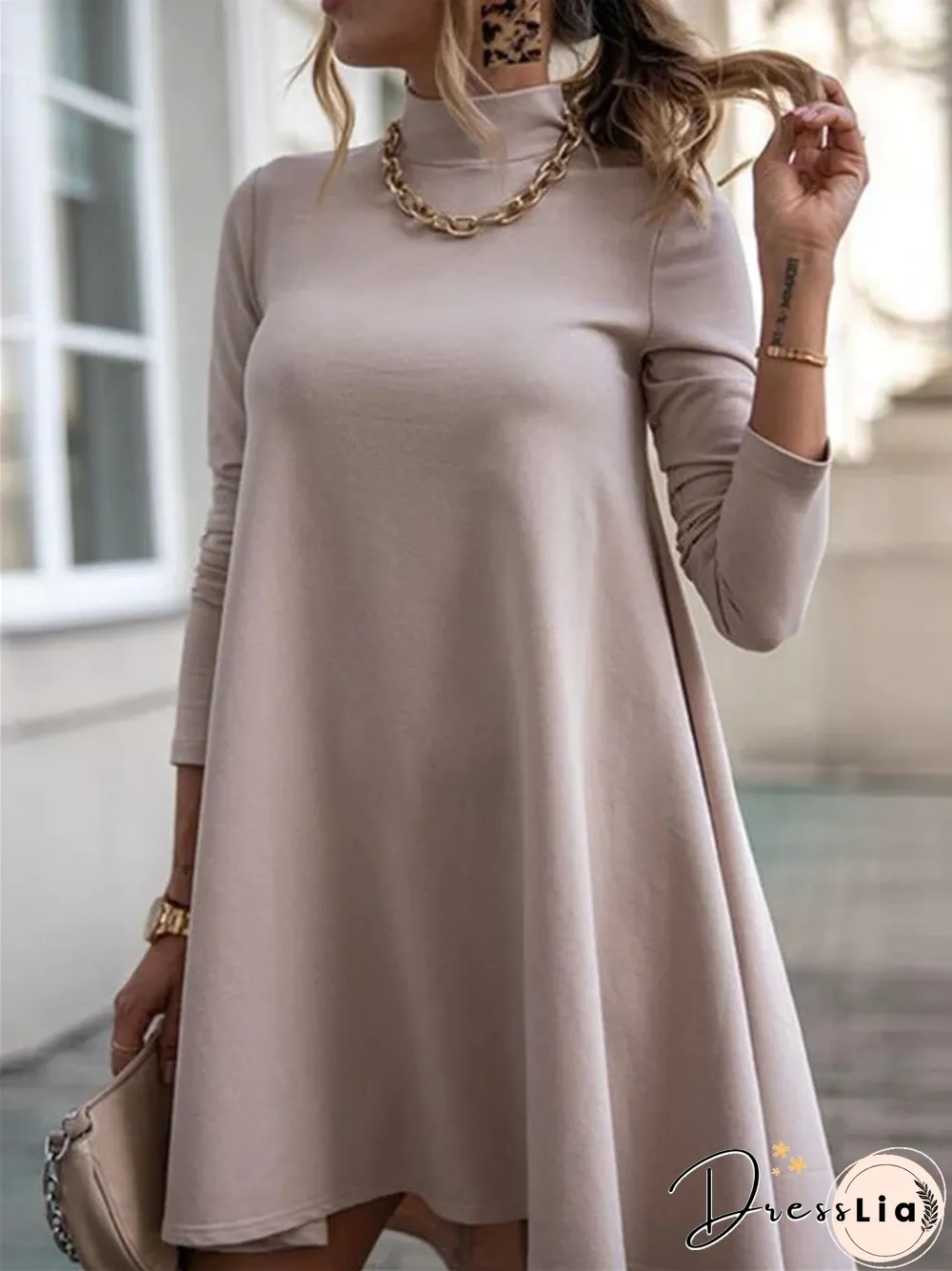 Solid Color Long Sleeve Turtleneck Loose Dress