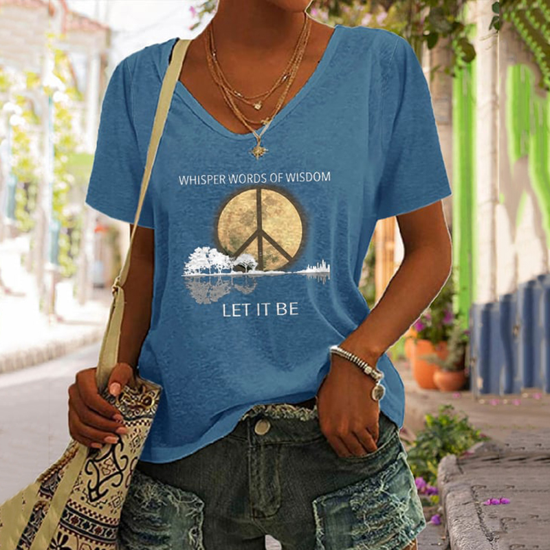 V-Neck Hippie Guitar Lake Whisper Words Of Wisdom Let It Be Print T-Shirt wearshes