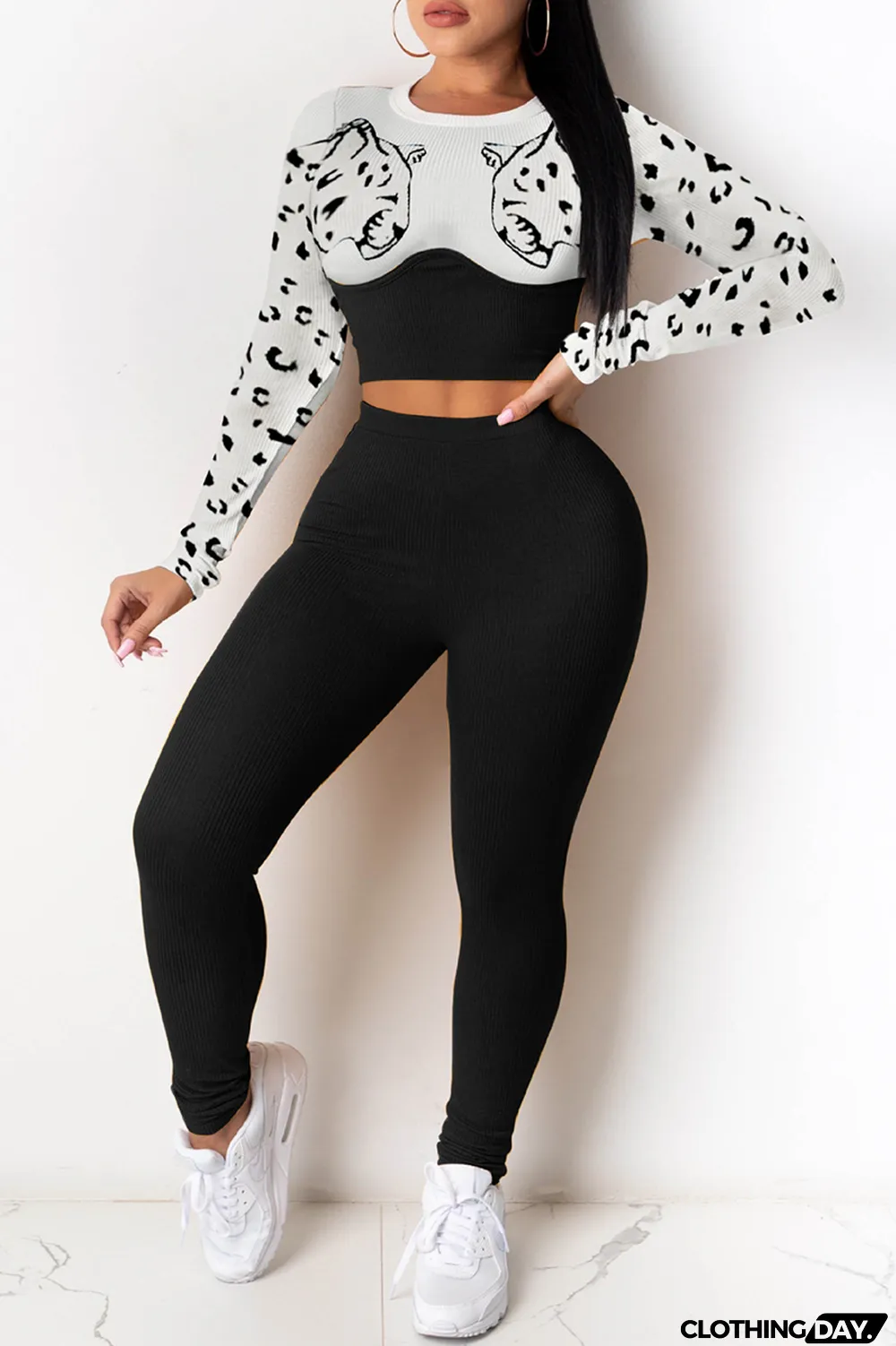 Red Fashion Casual Print Split Joint O Neck Long Sleeve Two Pieces