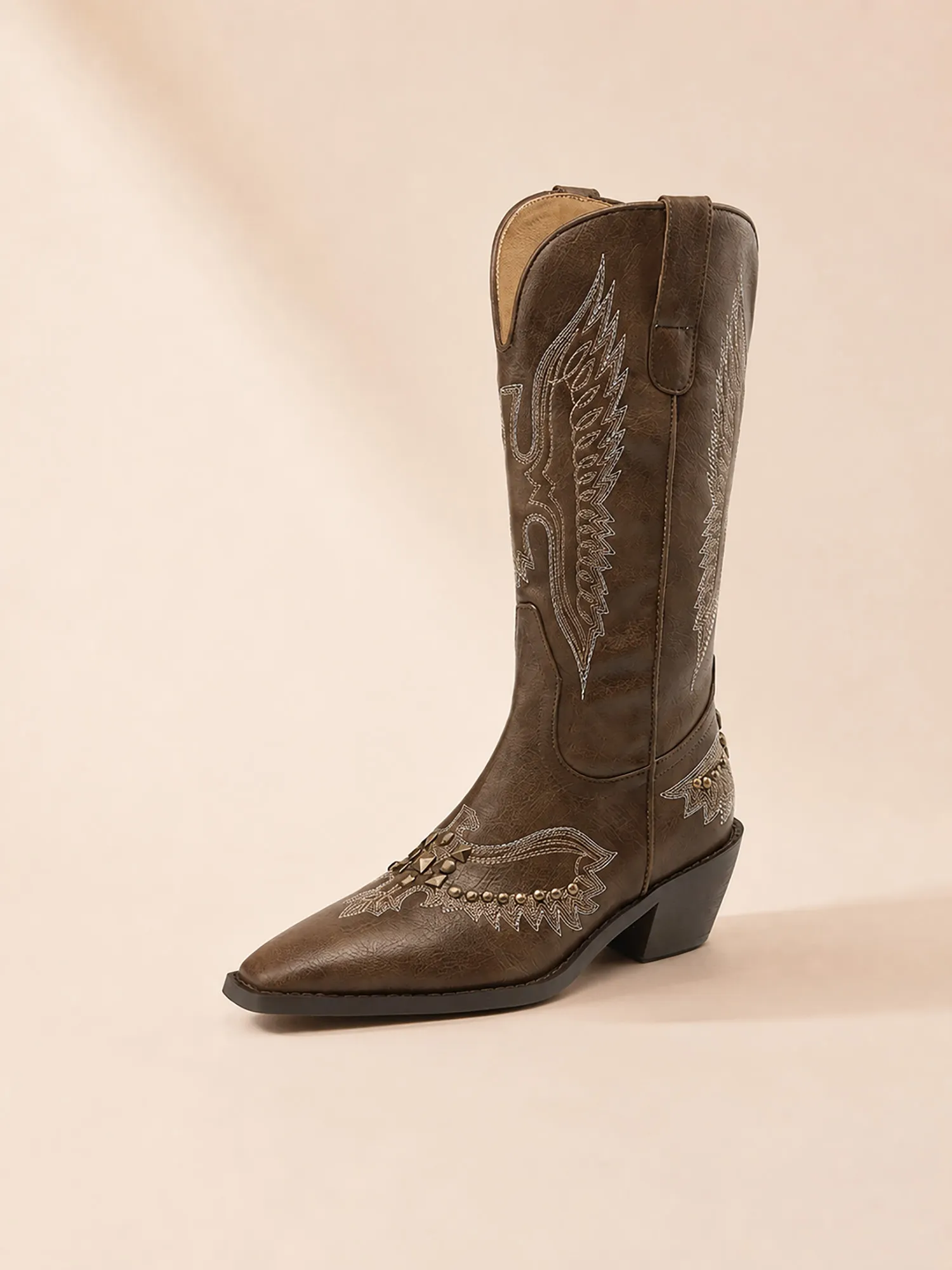 Ethnic Embroidered Pointed Toe Chunky Heel Mid-Calf Western Boots