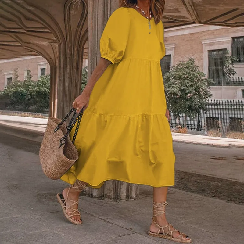 VONDA Women Summer Midi Dress Ladies Sexy Lantern Sleeve Beach Sundress 2022 Fashion Ruffled Casual Solid Bohemian Vestidos Robe