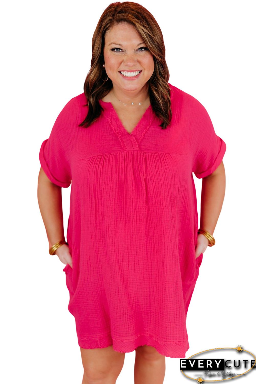 Rose Plus Size Ruched V Neck Pocket Short Sleeves Mini Dress