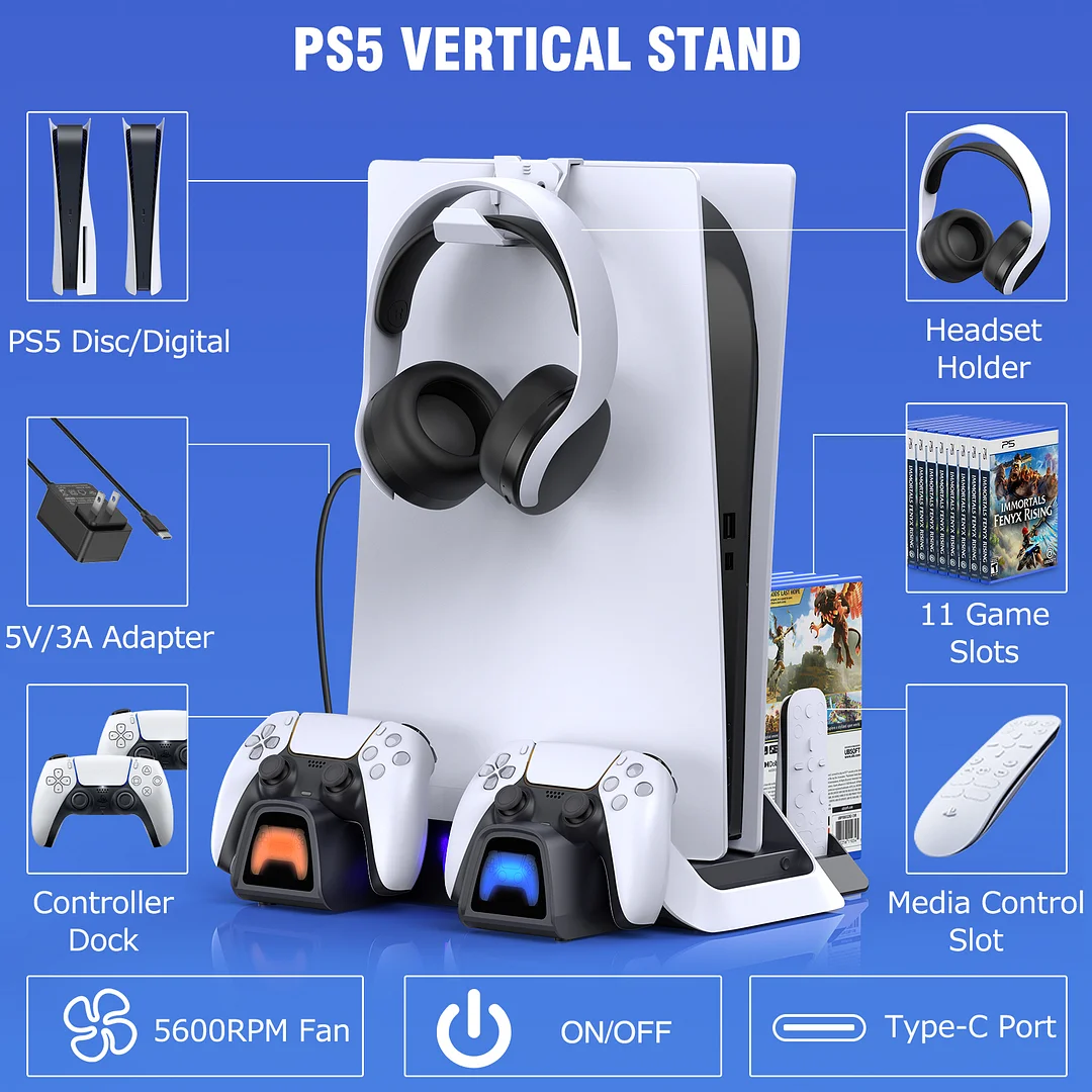 DinoFire Vertical Stand for PS5 with 2 Cooling Fan, Controller Charging Station for PS5 Dualsense/Digital/Disc Edition