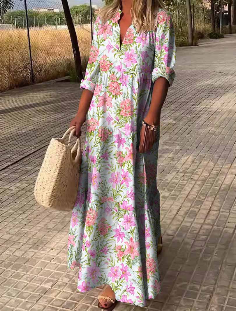 Women Floral, Pink, Purple DZDN0487 SPU Printed Long Sleeve V-neck Maxi Dress