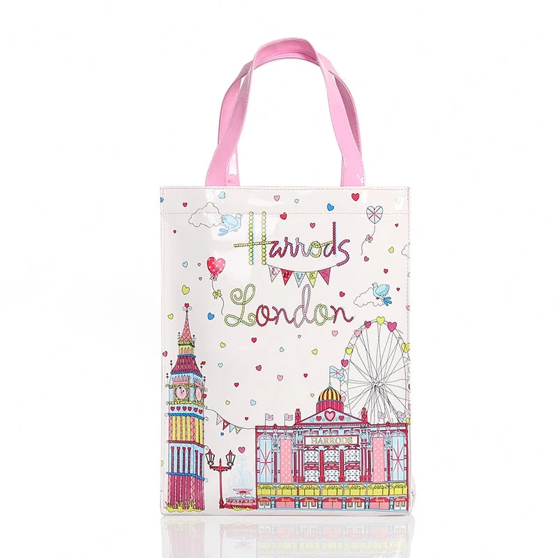 London Style PVC Reusable Shopping Bag Women Bag Eco Friendly Flower Shopper Bag Waterproof Tote Handbag Lunch Tote Shoulder Bag