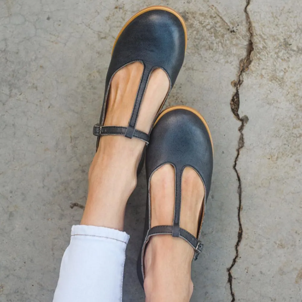 BONJOMARISA New INS Retro Casual T-strap Flats Daily Elegant Solid Leisure Flats Women 2020 Casual Low Heels Shoes Woman
