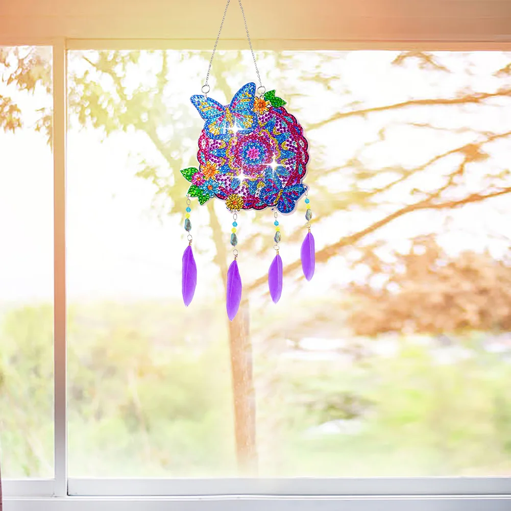 DIY Butterfly Double Sided Diamond Painting Hanging Pendant Feather Wind Chime