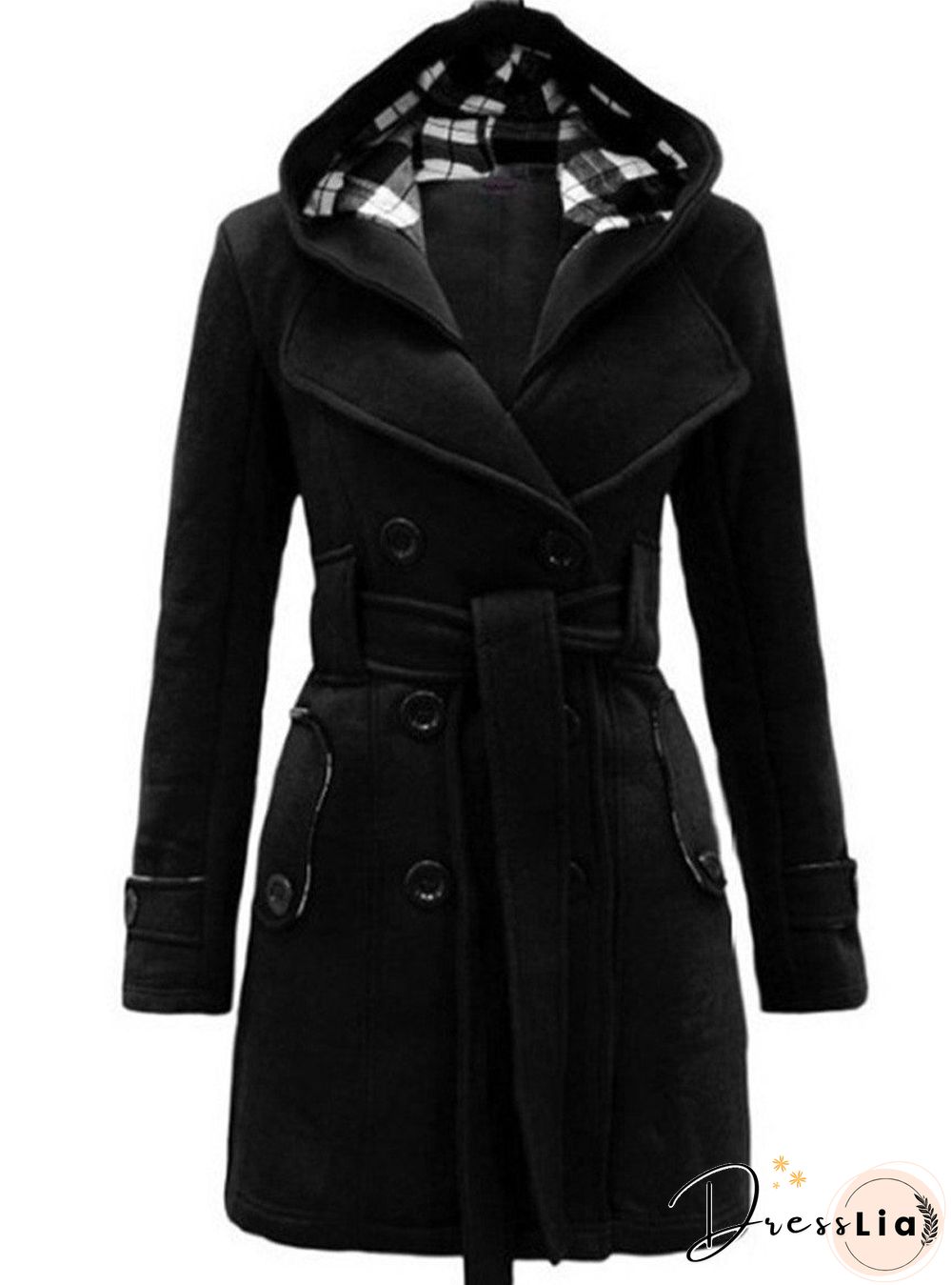 Checked Hooded Woolen Coat With Long Belt