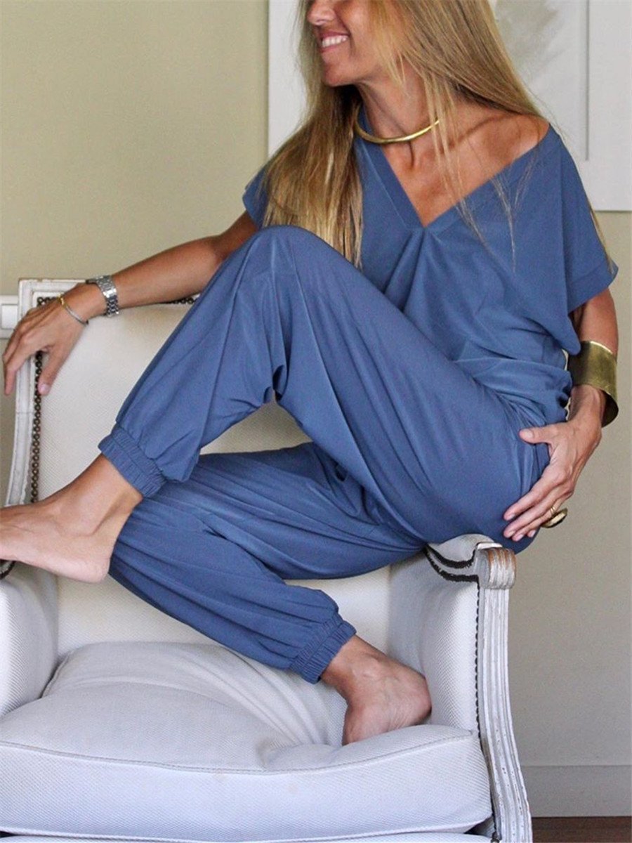 V-Neck Short Sleeve Simple Casual Suit