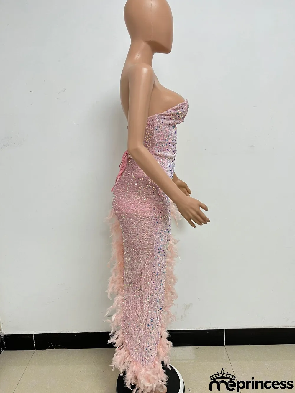 Women Sexy Off Shoulder Backless Sequin Feather Dress