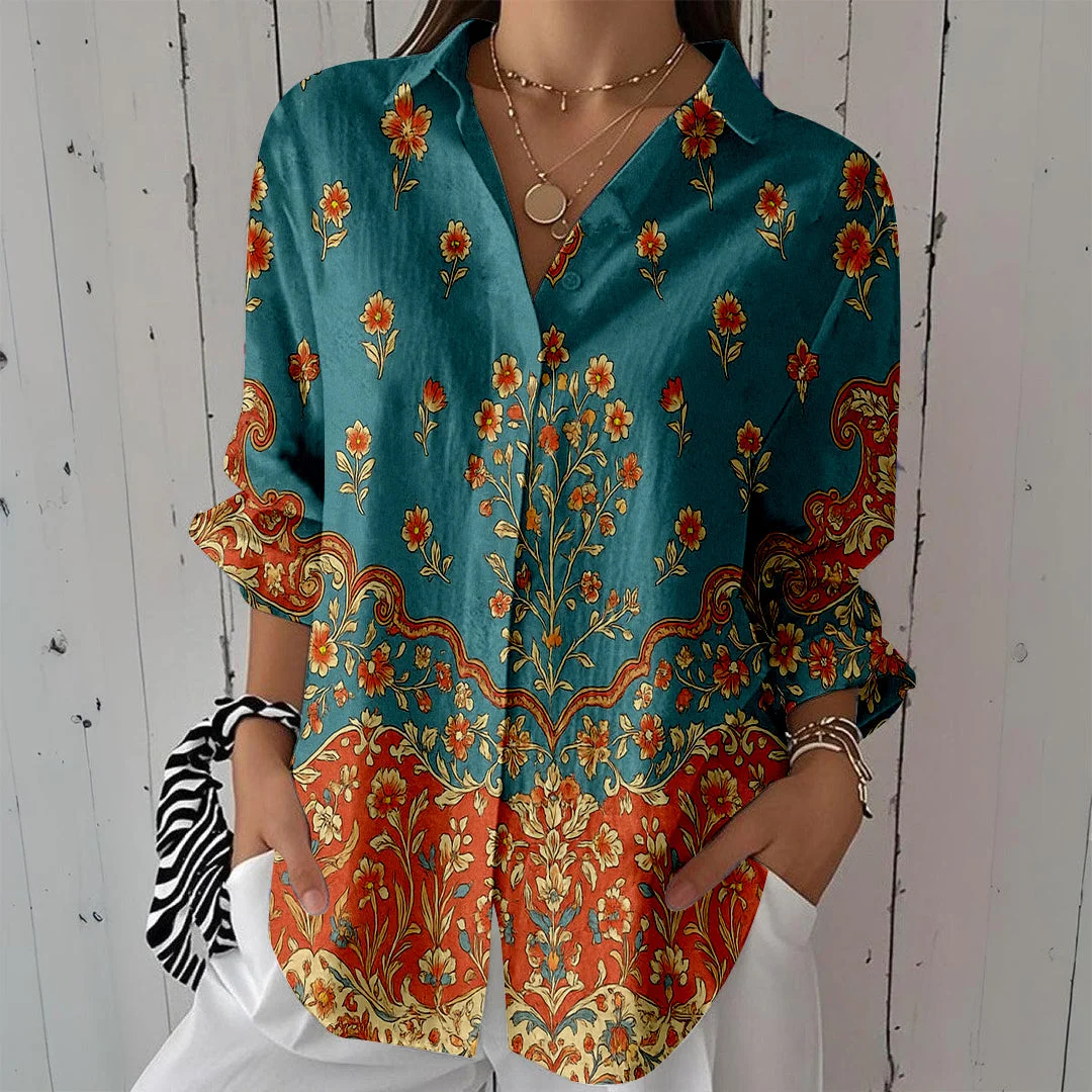 Style & Comfort for Mature Women Women Retro, Blue, Orange DZCL0360 3/4 Sleeve Shirt Collar Printed Button Tops