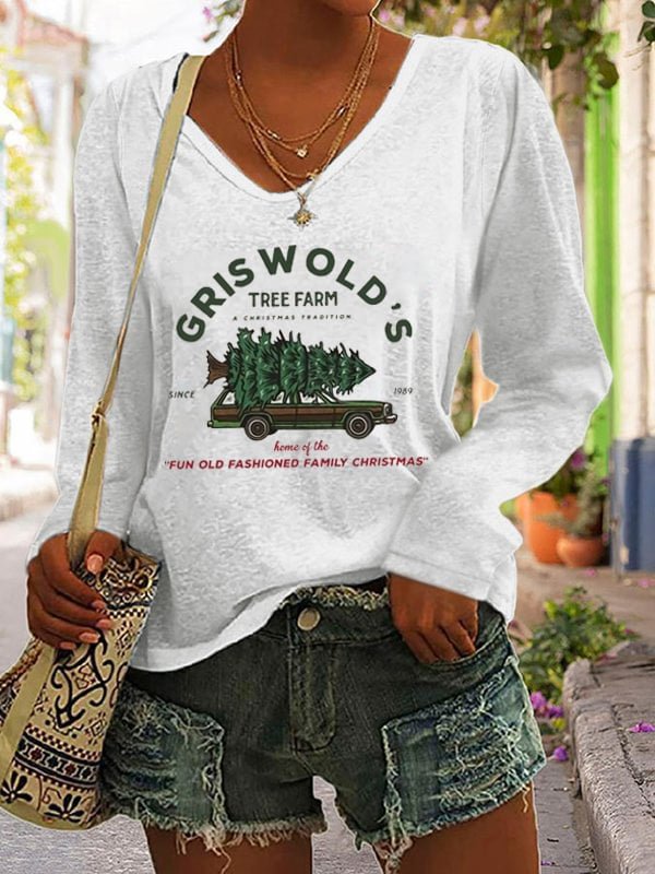 Women's Vintage Griswold Christmas Print Casual Long Sleeve V-Neck T-Shirt