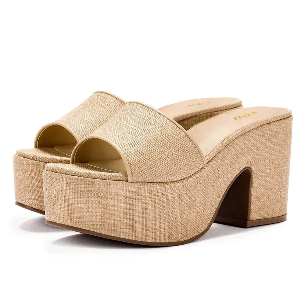 Simple Beige Open Round Toe Chunky Heel Platform Mules Sandals