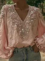 Vintage Boho Glitter Floral Art V Neck Linen Tunic