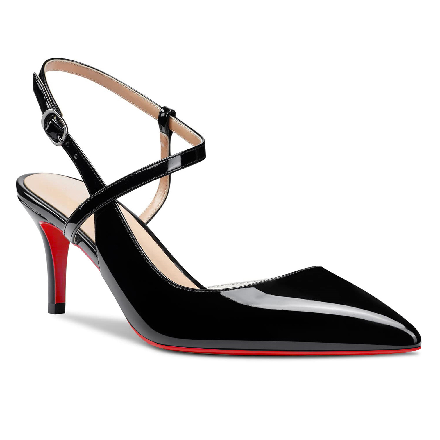 65mm Women Slingback Pumps Ankle Strap Jenlove Stiletto Mid Heel Close Pointed Toe Dress Red Bottoms Shoes-vocosishoes