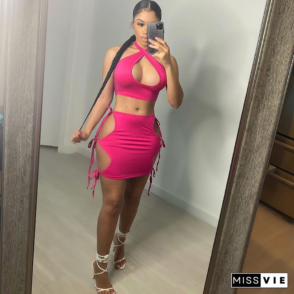 Halter Backless Crop Tops Hollow Out Lace Up Skirt Sets