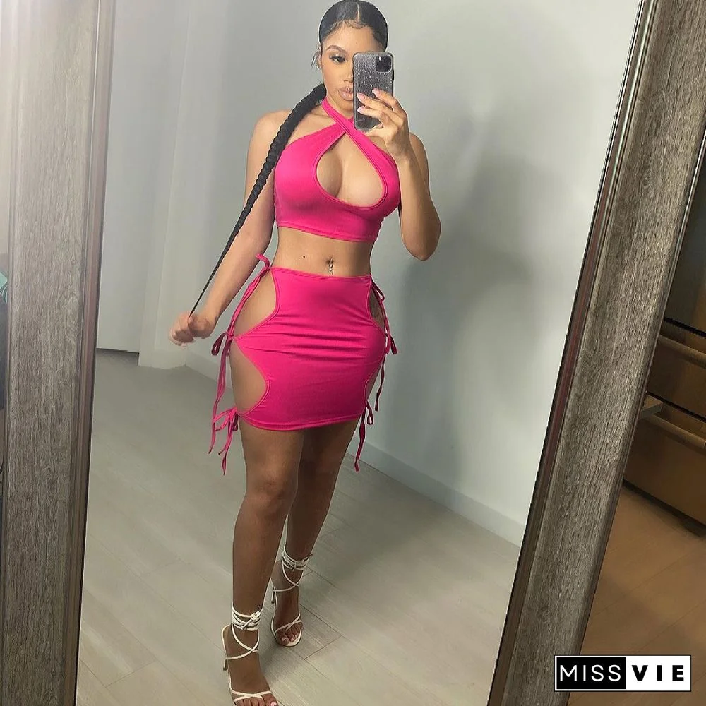 Halter Backless Crop Tops Hollow Out Lace Up Skirt Sets