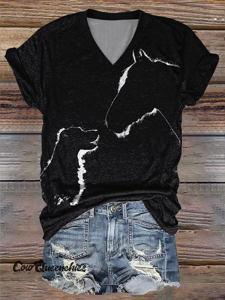 Simple Horse Dog Silhouette Print Casual V-Neck T-Shirt Black / S