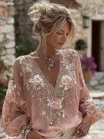Women's Vintage Pink Floral Embroidered Art V-neck Long Sleeve Blouse