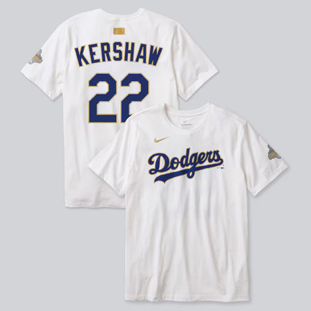Men's Los Angeles Dodgers #22 Clayton Kershaw Nike White 2026 Gold Collection Player Name & Number T-Shirt